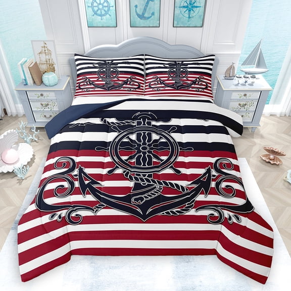Homewish Cartoon Anchor Print Bedding Comforter Set, Black Red Stripe Line Twin Comforter Sets, Teens Kids Boys Girls Reversible Bedding Set, Lightweight Room Decor, 2-Piece
