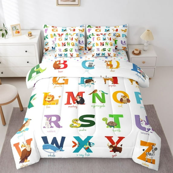 Homewish Cartoon Animal 7-Piece Twin Bedding Sets for Boys Girls,Colorful Personalized Initial Letter Bedding Comforter Set,Kawaii Wildlife Breathable Sheet Sets,Breathable Home Decor,Reversible