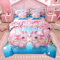 Homewish Cartoon Animal Axolotl 7-Piece Twin Bedding Sets,Cherry Blossom Bedding Comforter Set,Pink Blue Sheet Sets,For Girls,Microfiber Bedroom Decor Reversible