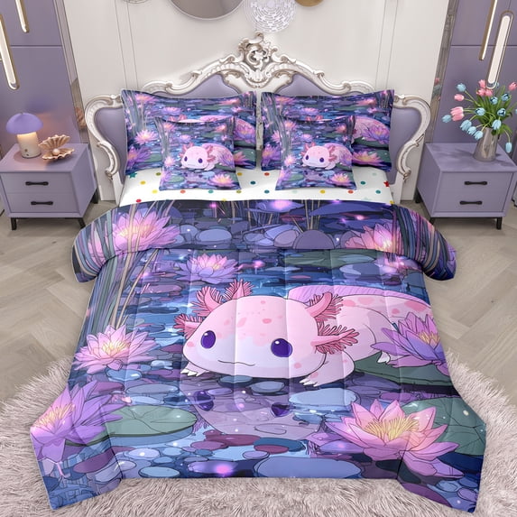 Homewish Cartoon Animal Axolotl 7 Pieces Bedding Comforter Set,Watercolor Sealife Coral Full Bedding Set,Country Lotus Leaves Fitted Sheet Flat Sheet For Teens,Microfiber Bedroom Decor Reversible