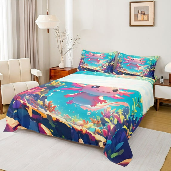 Homewish Cartoon Animal Axolotl Bed Sheets,Watercolor Sealife Coral King Sheets,Pink Blue Sheet Set,For Teens,Microfiber Bedroom Decor,4 Pieces
