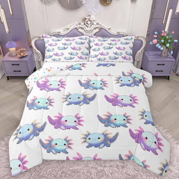 Homewish Cartoon Animal Axolotl Bedding Comforter Set,Kawaii Sealife Twin Comforter Sets,Blue Pink Bedding Set,For Teens,Microfiber Bedroom Decor Reversible,2pcs