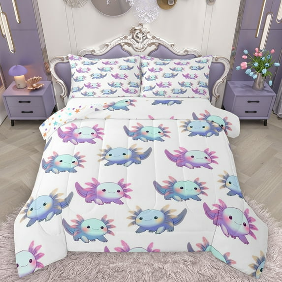 Homewish Cartoon Animal Axolotl Full Size Comforter Sets,Kawaii Sealife Bedding Comforter Set,Blue Pink Bedding Sets,For Teens,Microfiber Bedroom Decor Reversible,3-Piece