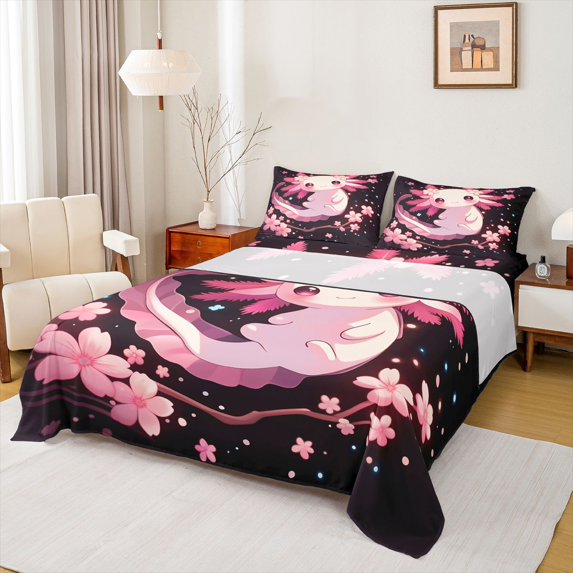 Homewish Cartoon Animal Axolotl Full Size Sheets,Sakura Cherry Blossom Bed Sheets,Pink Black Sheet Sets,For Teens,Microfiber Bedroom Decor,4pcs