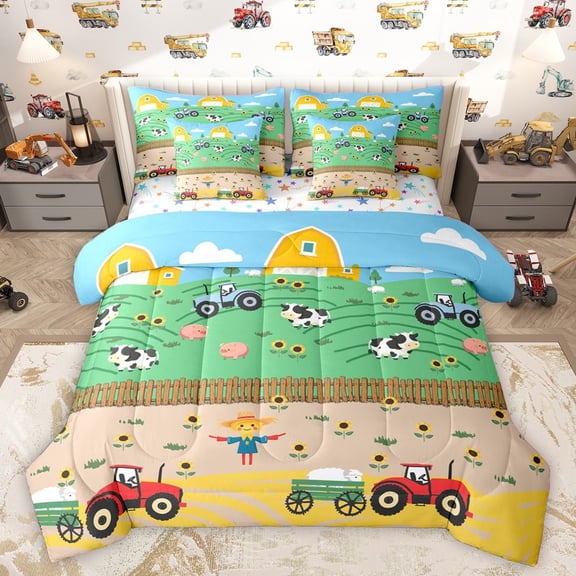 Homewish Cartoon Animal Cow Pig Bedding Comforter Set 7 Pieces for Preppy Kids Children,Kawaii Truck Full Bedding Set Lightweight,Cute Farmhouse Fitted Sheet Flat Sheet,Luxury Bedroom Decor