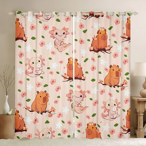 Homewish Cartoon Animal Cypabara Black Out Curtains,Cute Axolotl Curtains Pack of 2 (42x63 Each),Pink Cherry Blossom Bedroom Curtains For Girs Teens,Breathable Home Decor