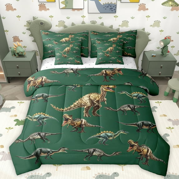 Homewish Cartoon Animal Dinsaur 7-Piece Twin Bedding Sets,Wild Animal Bedding Comforter Set,Green Brown Sheet Sets For Boys Kids,Microfiber Bedroom Decor Reversible