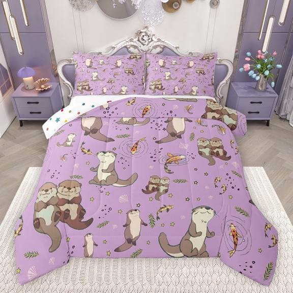 Homewish Cartoon Animal Otter Bedding Comforter Set 2pcs for Kids Boys Girls,Koi Fish Twin Comforter Sets Microfiber,Stars Print Breathable Bedding Set,Ultra Soft Home Decor,Reversible