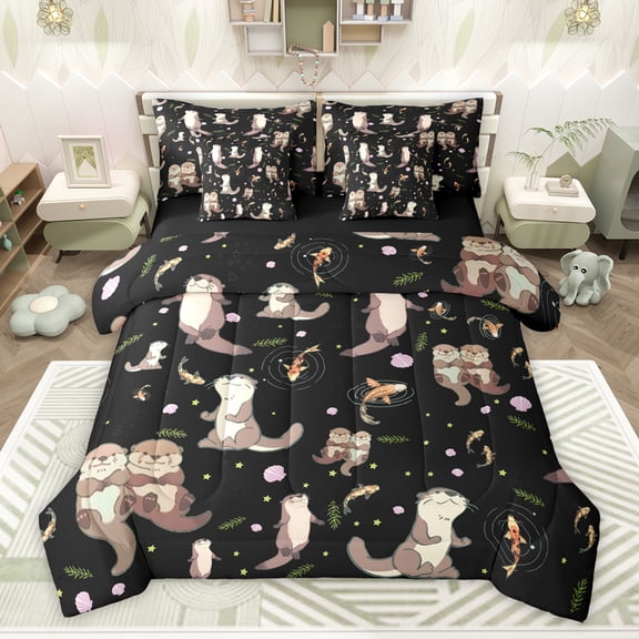 Homewish Cartoon Animal Otter Bedding Comforter Set 7pcs for Kids Boys Girls,Koi Fish Queen Bedding Sets Super Cozy,Stars Print Queen Sheet Sets,Ultra Soft Home Decor,Reversible