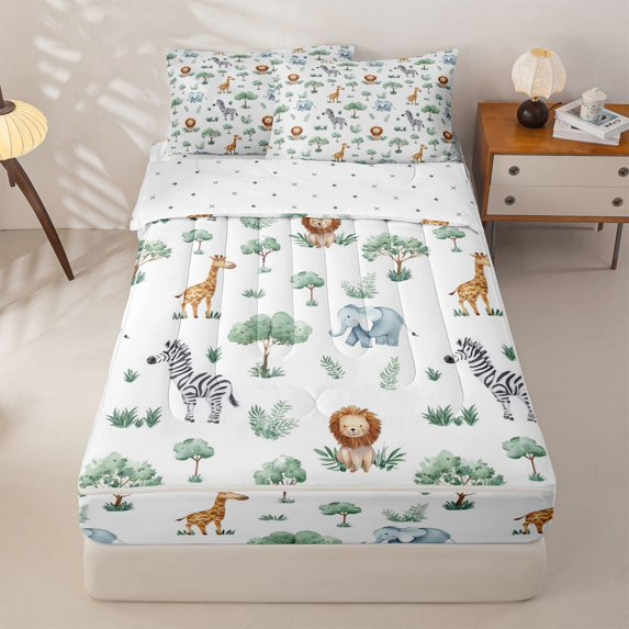 Homewish Cartoon Animal Zipper Twin Comforter Sets with Fitted Sheet and 2 Pillowcases for Boys, Lion Zebra Zipper Bedding Set, Reversible, 4pcs