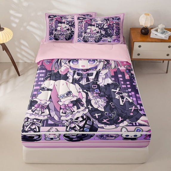 Homewish Cartoon Anime Girl Zipper Twin Comforter Sets with Fitted Sheet and 2 Pillowcases,Purple Black Cute Bowknot Zipper Bedding Set For Teens,Reversible,4-Piece