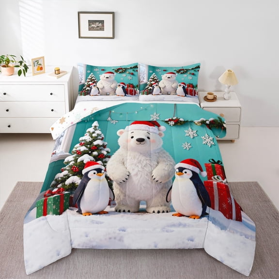 Homewish Cartoon Antarctic Penguin Queen Comforter Set, Christmas Polar Bear Bedding Sets, Kawaii Animal Reversible Bedding Comforter Set, Breathable Home Decor, 3-Piece