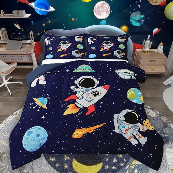 Homewish Cartoon Astronaut Rocket Bedding Comforter Set,Galaxy Planet Twin Comforter Sets,Starry Sky Bedding Set For Boys Kids,Ultra Soft Home Decor Reversible,2pcs