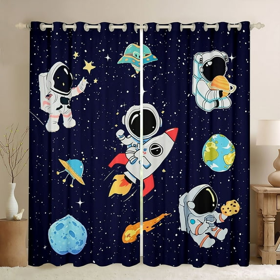 Homewish Cartoon Astronaut Rocket Curtains Pack of 2 (42x84 Each),Galaxy Planet Curtains Blackout,Starry Sky Bedroom Curtains For Boys Kids,Ultra Soft Home Decor