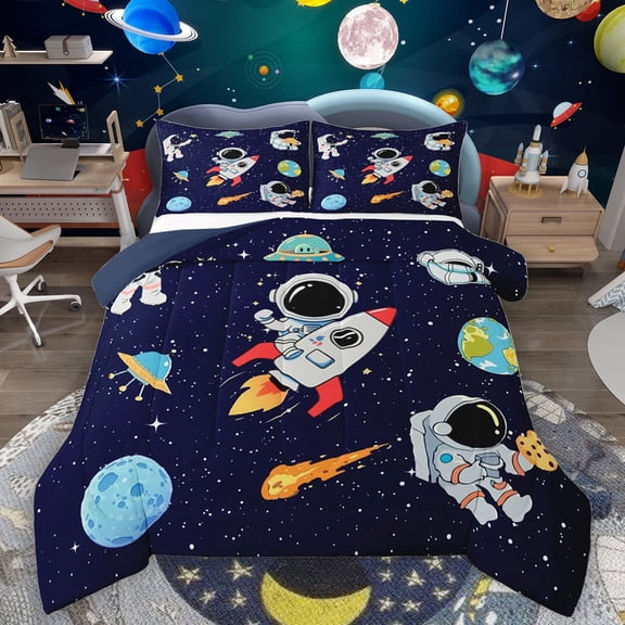 Homewish Cartoon Astronaut Rocket Queen Comforter Set,Galaxy Planet Bedding Sets,Starry Sky Bedding Comforter Set For Boys Kids,Ultra Soft Home Decor Reversible,3 Pieces