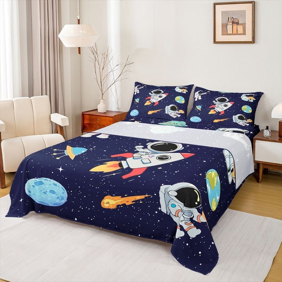 Homewish Cartoon Astronaut Rocket Twin Sheet Sets,Galaxy Planet Twin Fitted Sheet,Starry Sky Flat Sheet For Boys Kids,Ultra Soft Home Decor,3pcs