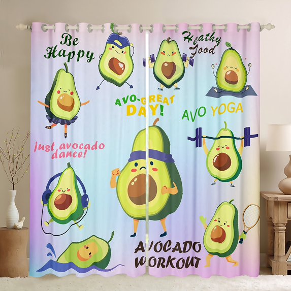 Homewish Cartoon Avocado Curtains Pack of 2 (42x84 Each),Workout Curtains Blackout,Green Blue Purple Bedroom Curtains For Girls Boys,Ultra Soft Home Decor