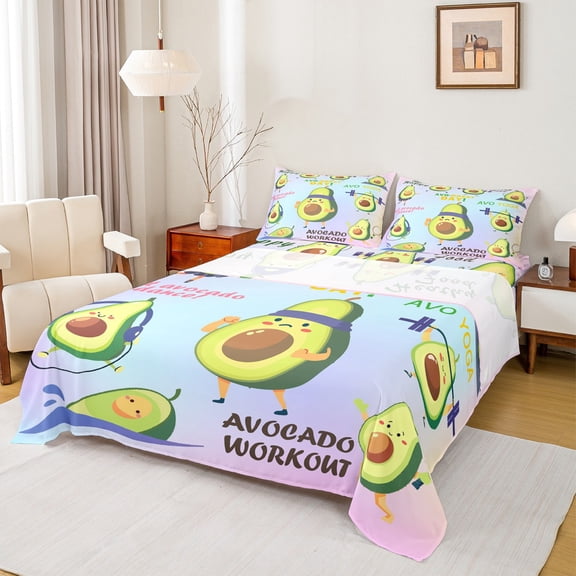 Homewish Cartoon Avocado Twin Sheet Sets,Workout Twin Fitted Sheet,Green Blue Purple Flat Sheet For Girls Boys,Ultra Soft Home Decor,3 Pieces