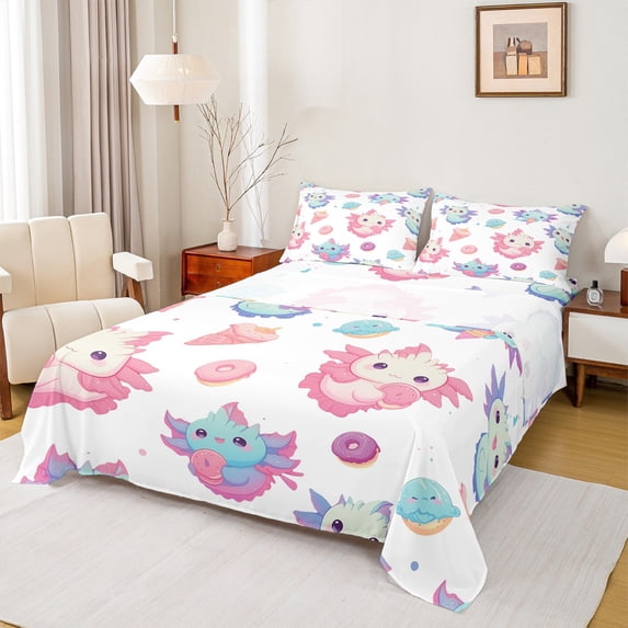 Homewish Cartoon Axolotl Bed Sheets 4pcs for Kids Girls, Kawaii Ice Cream Donut King Sheets, Cute Animal Wildlife Sheet Set, White Room Decor