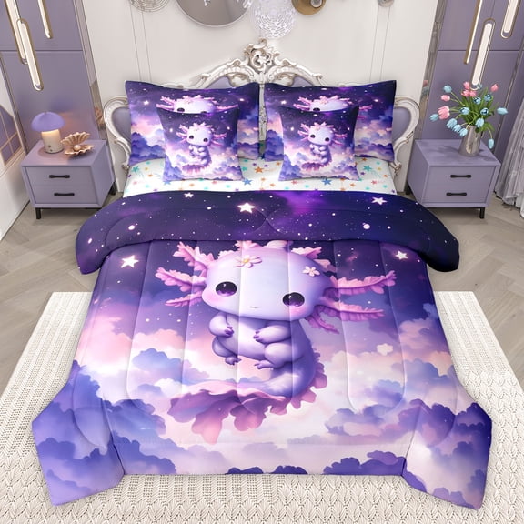 Homewish Cartoon Axolotl Bedding Comforter Set 7-Piece for Preppy Child,Kawaii Animal Salamander King Bedding Sets,Starry Sky Ultra Soft Bed Sheets,Lightweight Room Decor,Reversible