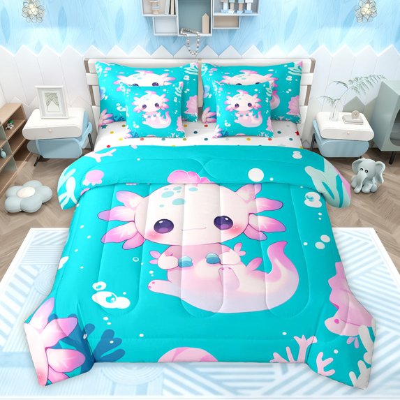 Homewish Cartoon Axolotl Bedding Comforter Set 7-Piece for Preppy Child,Pink Blue King Bedding Sets,Kawaii Animal Salamander Ultra Soft Bed Sheets,Lightweight Room Decor,Reversible