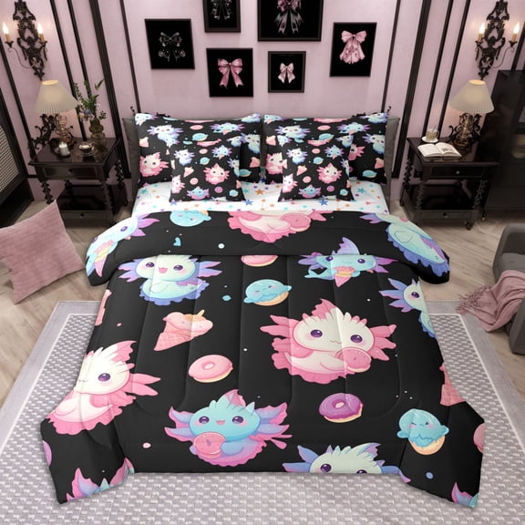 Homewish Cartoon Axolotl Bedding Comforter Set 7pcs for Kids Girls, Kawaii Ice Cream Donut Queen Bedding Sets, Cute Animal Wildlife Queen Sheet Sets, Black Bedroom Decor