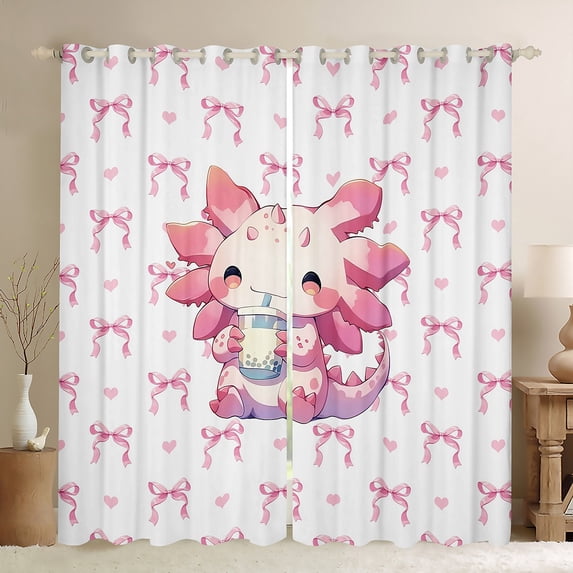 Homewish Cartoon Axolotl Black Out Curtains for Preppy Child,Kawaii Pink Bow Curtains Pack of 2 (42x63 Each),Cute Animal Salamander Bedroom Curtains,Lightweight Room Decor