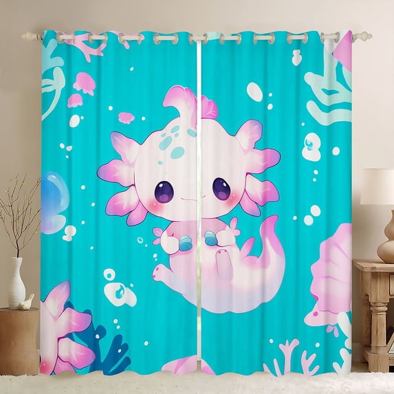 Homewish Cartoon Axolotl Blackout Curtains Set of 2 (52x84 Each) for Preppy Child,Pink Blue Window Curtains,Kawaii Animal Salamander Curtains and Drapes,Lightweight Room Decor