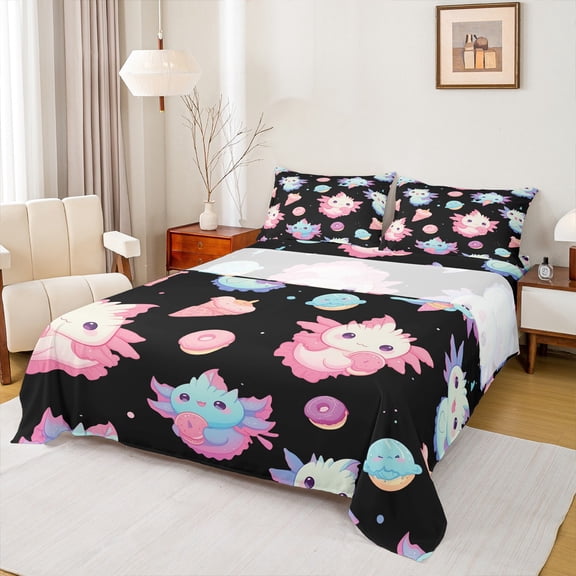 Homewish Cartoon Axolotl Full Size Sheets 4 Pieces for Kids Girls, Kawaii Ice Cream Donut Bed Sheets, Cute Animal Wildlife Sheet Sets, Black Bedroom Decor