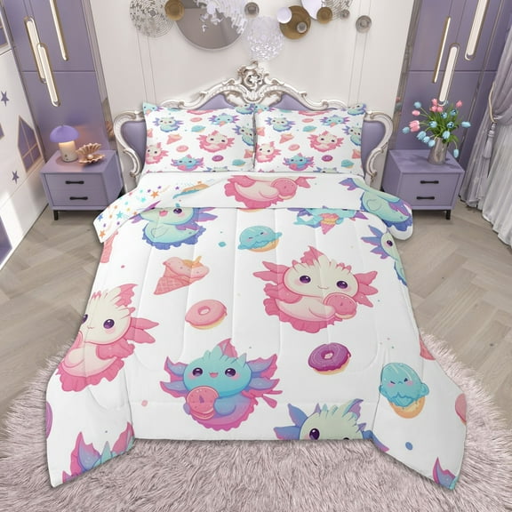 Homewish Cartoon Axolotl Queen Comforter Set for Kids Girls, Kawaii Ice Cream Donut Bedding Sets, Cute Animal Wildlife Bedding Comforter Set, White Room Decor