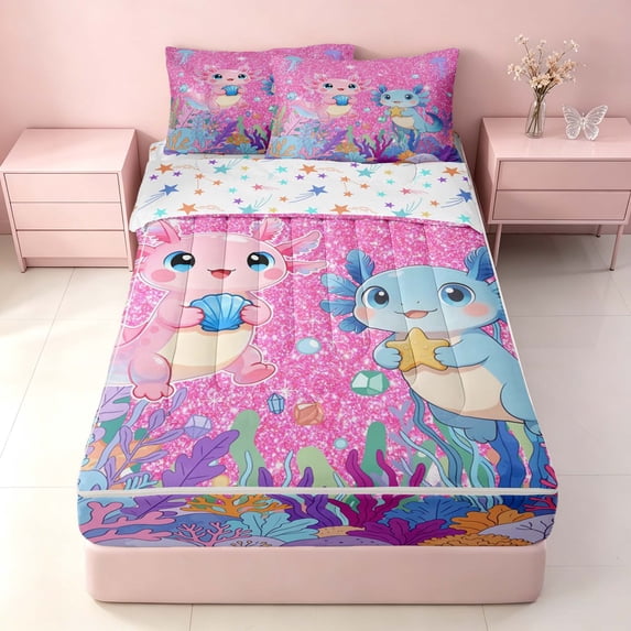 Homewish Cartoon Axolotl Zipper Twin Comforter Sets with Fitted Sheet and 2 Pillowcases for Kids Girls, Pink Glitter Stars Zipper Bedding Set
