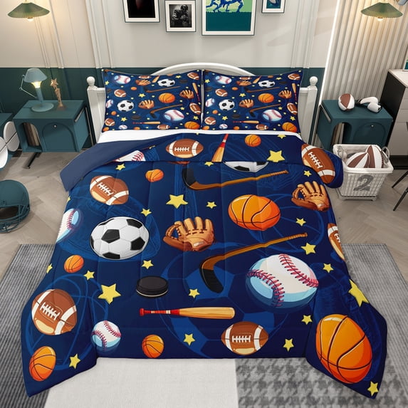 Homewish Cartoon Ball Print Bedding Comforter Set for Kid, Football Baseball Basketball Twin Comforter Sets, Sports Theme Reversible Bedding Set, Lightweight Room Decor, 2 Pieces