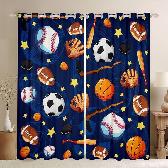 Homewish Cartoon Ball Print Blackout Curtains Set of 2 (52x84 Each) for Kid, Football Baseball Basketball Window Curtains, Sports Theme Curtains and Drapes, Blackout Curtains Room Decor