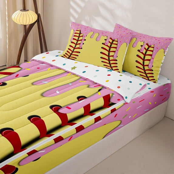 Homewish Cartoon Baseball Gaming Zipper Twin Comforter Sets with Fitted Sheet and 2 Pillowcases, Ice Cream Drip Zipper Bedding Set, Polka Dots Reversible, 4 Pieces