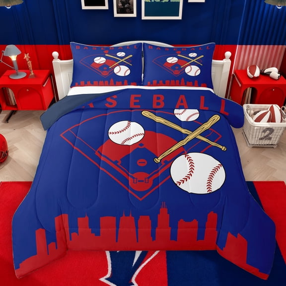 Homewish Cartoon Baseball Player Bedding Comforter Set for Kid, Royal Blue City Print Twin Comforter Sets, Ball Sports Theme Reversible Bedding Set, Luxury Bedroom Decor, 2pcs
