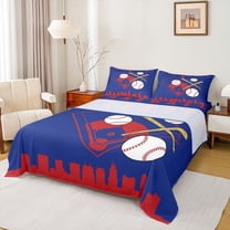 Homewish Cartoon Baseball Player Twin Sheet Sets for Kid, Royal Blue City Print Twin Fitted Sheet, Ball Sports Theme Flat Sheet, Luxury Bedroom Decor, 3pcs
