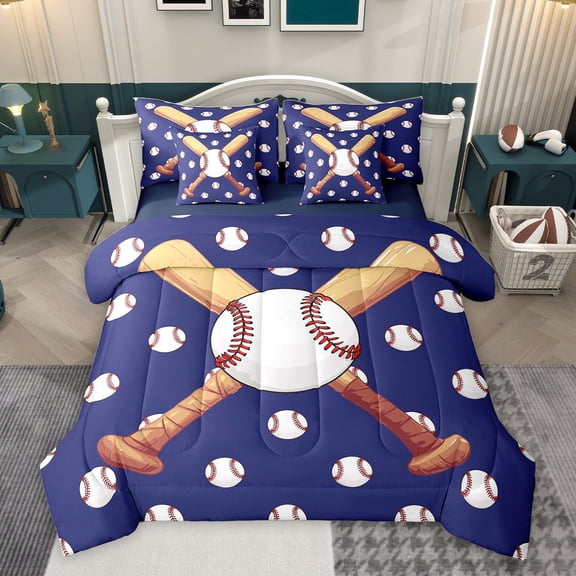 Homewish Cartoon Baseball Print Bedding Comforter Set 7pcs, Ball Sports Lover King Bedding Sets, Teens Kids Boys Girls Reversible Bed Sheets, Breathable Home Decor