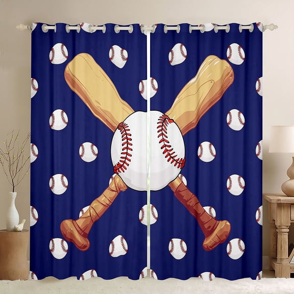 Homewish Cartoon Baseball Print Black Out Curtains, Ball Sports Lover Curtains Pack of 2 (42x63 Each), Teens Kids Boys Girls Bedroom Curtains, Blackout Curtains Home Decor
