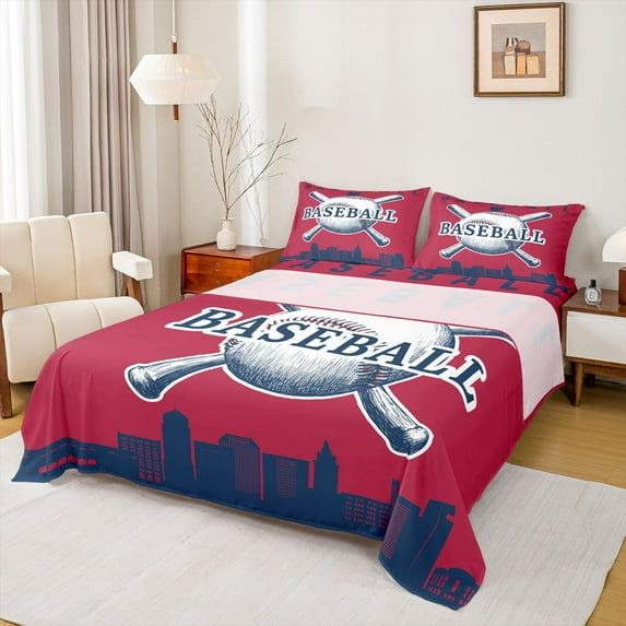 Homewish Cartoon Baseball Sports Full Size Sheets for Kid, Crismon Navy City Print Bed Sheets, Modern Ball Gaming Sheet Sets, Microfiber Bedroom Decor, 4 Pieces