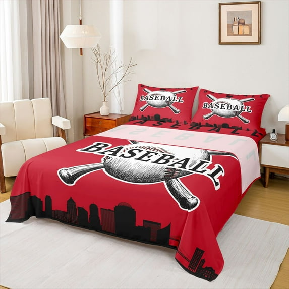 Homewish Cartoon Baseball Sports Full Size Sheets for Kid, Red Black City Print Bed Sheets, Modern Ball Gaming Sheet Sets, Luxury Bedroom Decor, 4-Piece
