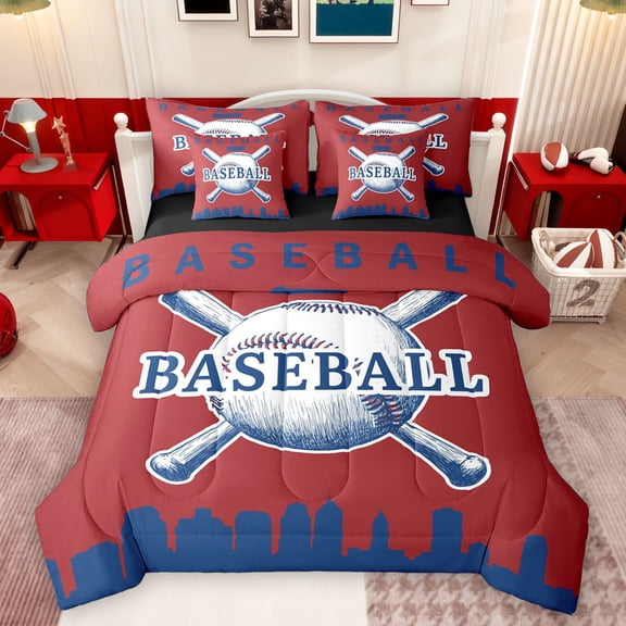 Homewish Cartoon Baseball Sports Twin Bedding Sets 7-Piece for Kid, Crismon Blue City Print Bedding Comforter Set, Modern Ball Gaming Reversible Sheet Sets, Breathable Home Decor