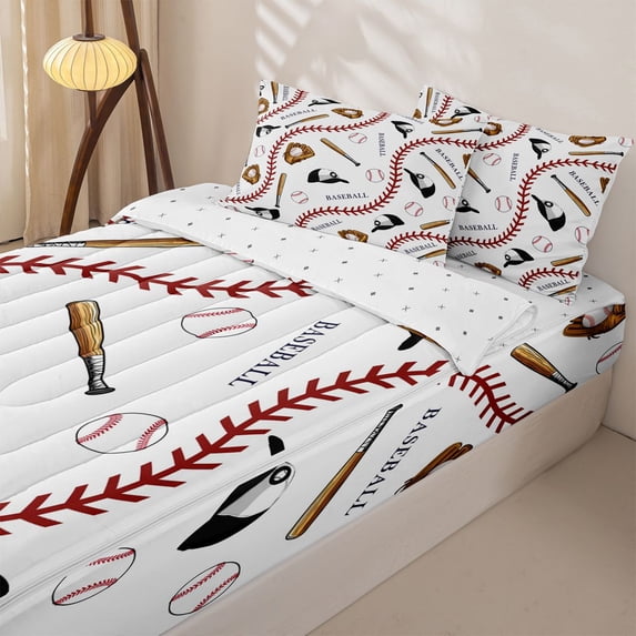Homewish Cartoon Baseball Zipper Full Size Comforter Sets with Fitted Sheet and 2 Pillowcases, Black Sport Cap Zipper Bedding Set for Boys and Girls, Reversible, 4 Pieces