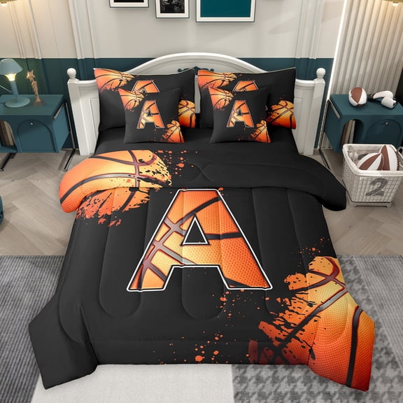Homewish Cartoon Basketball Boys Bedding Comforter Set 7pcs, Black Orange Monogrammed A King Bedding Sets, Modern Ball Sports Player Reversible Bed Sheets, Breathable Home Decor