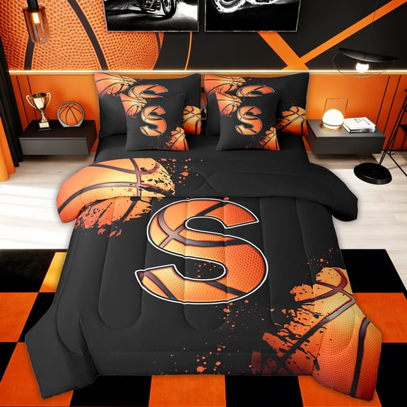 Homewish Cartoon Basketball Boys Bedding Comforter Set 7pcs, Black Orange Monogrammed S King Bedding Sets, Modern Ball Sports Player Reversible Bed Sheets, Breathable Home Decor