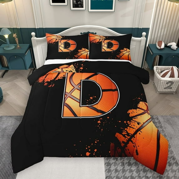 Homewish Cartoon Basketball Boys Bedding Comforter Set, Black Orange Monogrammed D Twin Comforter Sets, Modern Ball Sports Player Reversible Bedding Set, Lightweight Room Decor, 2pcs