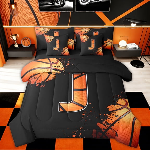 Homewish Cartoon Basketball Boys Twin Bedding Sets 7-Piece, Black Orange Monogrammed J Bedding Comforter Set, Modern Ball Sports Player Reversible Sheet Sets, Lightweight Room Decor