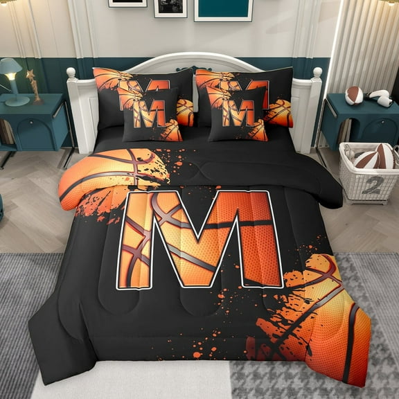 Homewish Cartoon Basketball Boys Twin Bedding Sets 7-Piece, Black Orange Monogrammed M Bedding Comforter Set, Modern Ball Sports Player Reversible Sheet Sets, Breathable Home Decor