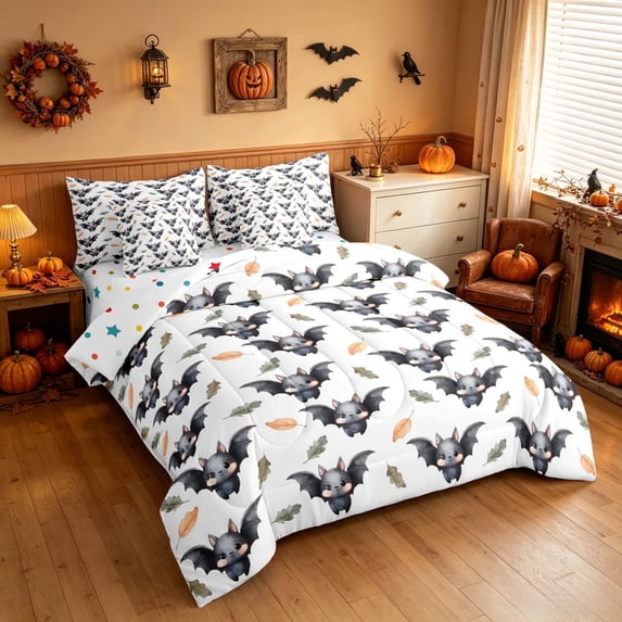 Homewish Cartoon Bat Full Size Bedding Sets, Halloween Wildlife Full Size Bed in a Bag,, White Gray Brown Green, Polka Dots Reversible 7pcs