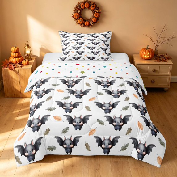 Homewish Cartoon Bat Twin Comforter Sets, Halloween Wildlife Bedding Set,, White Gray Brown Green, Polka Dots Reversible, 2pcs 1 Comforter and 1 Pillowcase