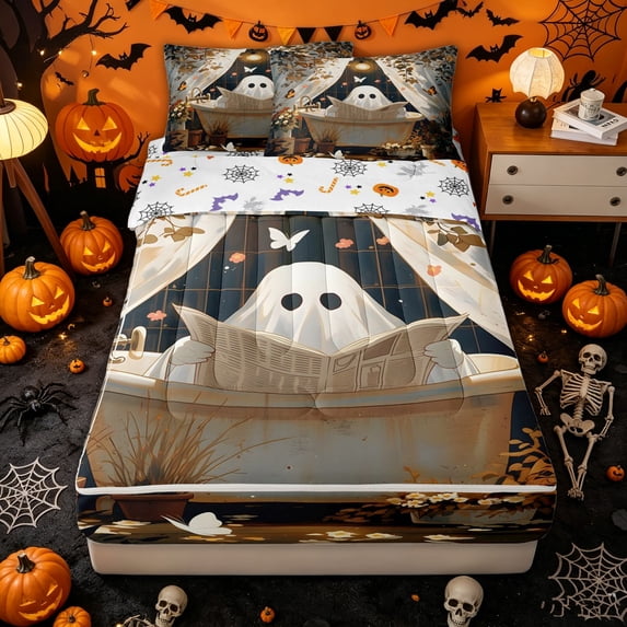 Homewish Cartoon Bathtub Ghost Zipper Full Size Comforter Sets with Fitted Sheet and 2 Pillowcases for Girls, Cottage Butterfly Wildflower Zipper Bedding Set, Halloween Reversible, 4 Pieces